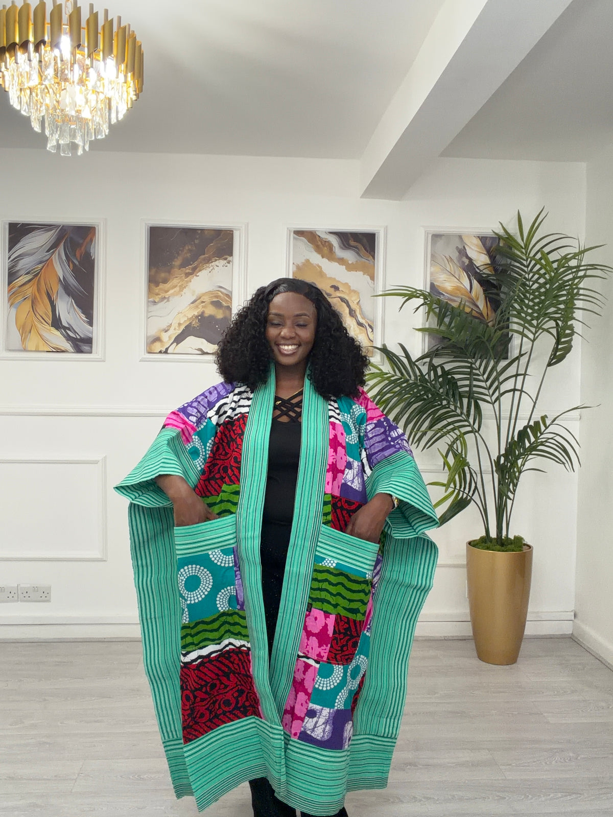 Teal green Asooke & Ankara kimono