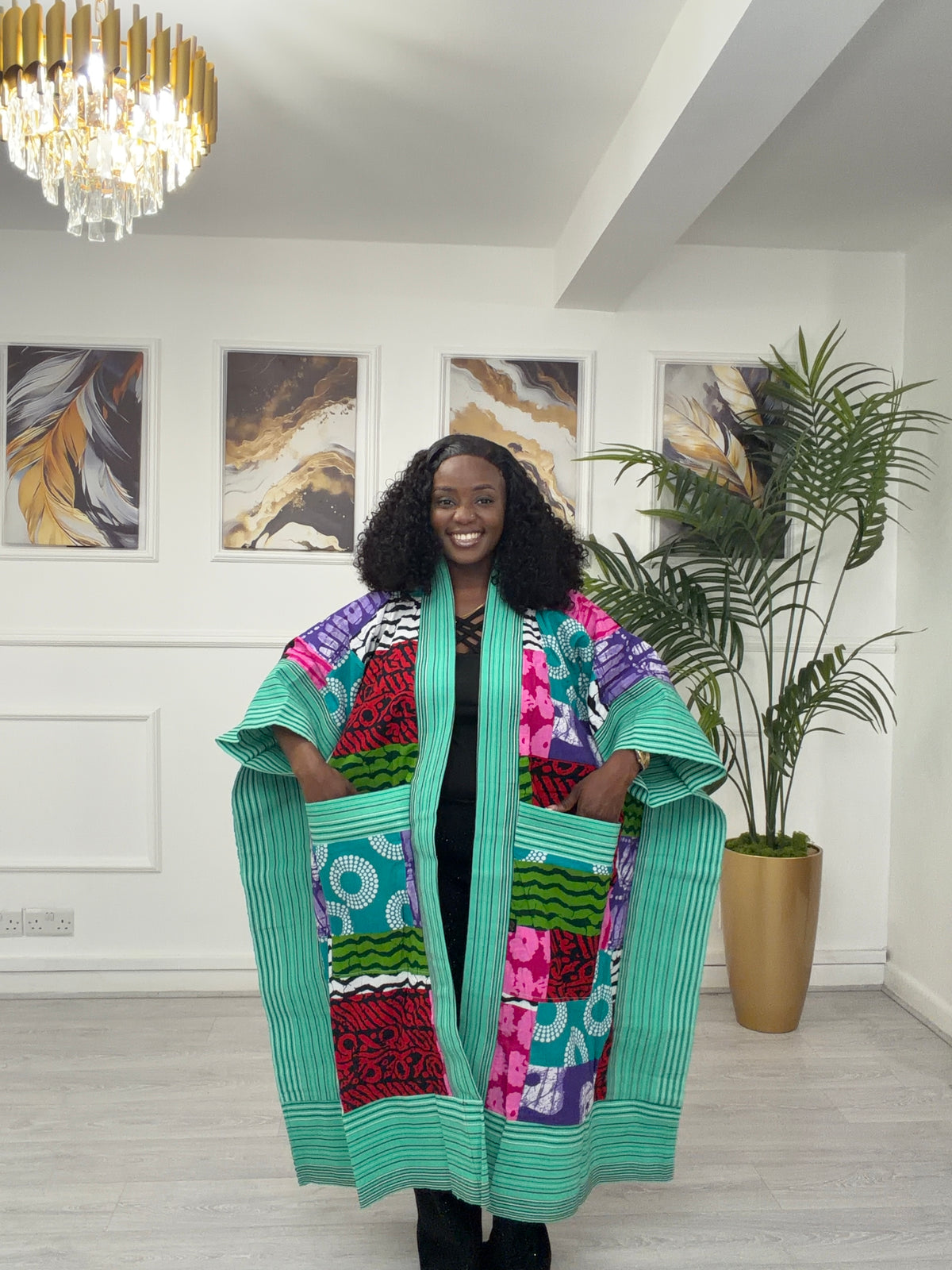 Teal green Asooke & Ankara kimono